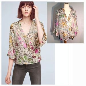 Anthropologie Pink and Green Wrap Blouse with 3/4 Sleeves Size Large